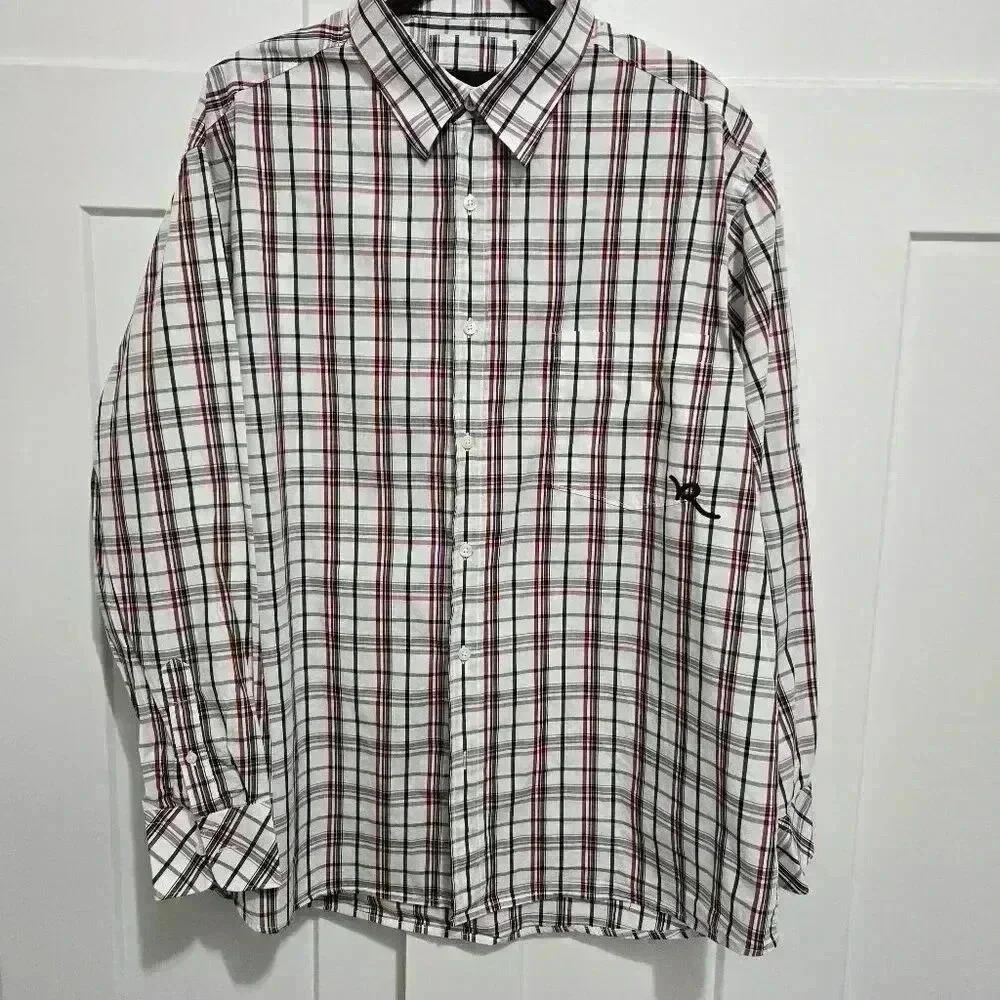 Rocawear Men's Long Sleeve Button Down White w Red and Black Plaid - 2X Large